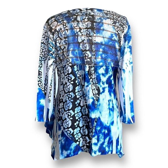 Cubism Womens Cardigan Sz M Indigo Blue Shibori Sublimation Lace Knit Artsy Boho - Picture 6 of 7